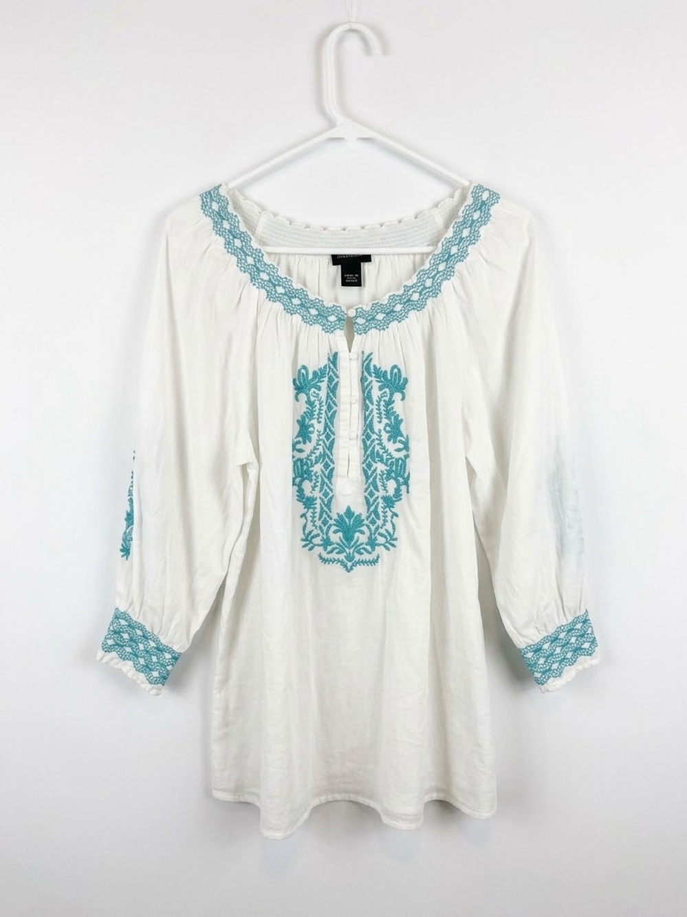 Karen Kane White Tunic with Teal Embroidery